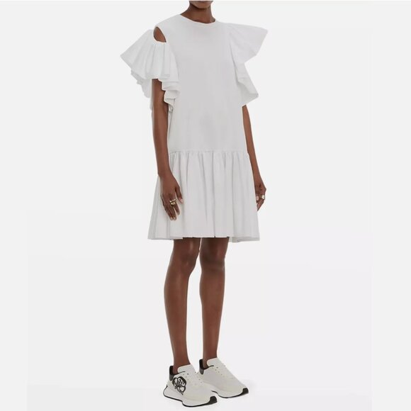 Alexander McQueen Asymmetric Ruffle Sleeve Jersey T-Shirt Mini Dress US 8 IT44 L
